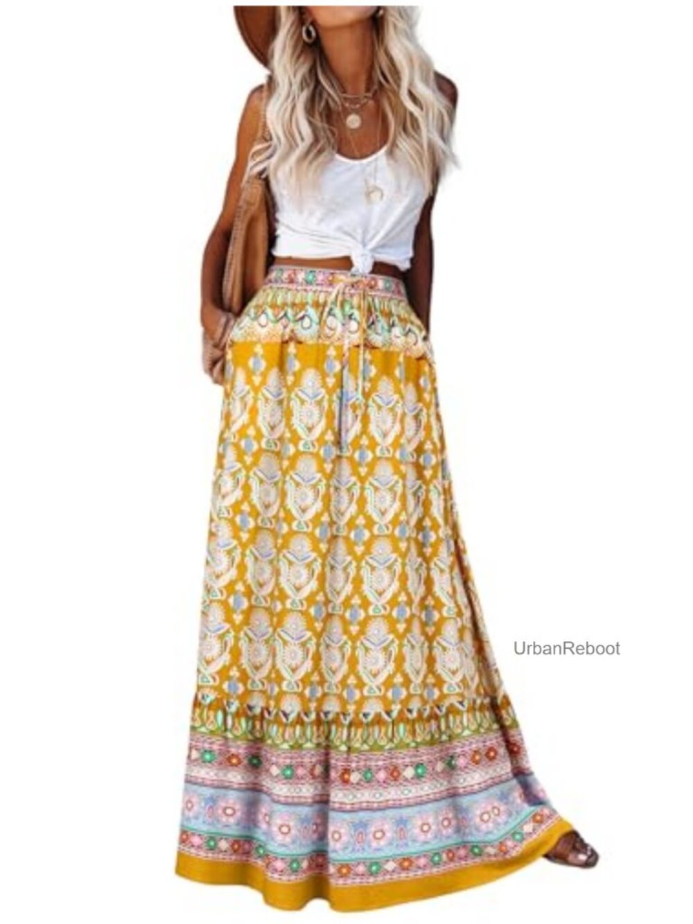 Women Maxi Skirt Boho Long Flowy A-Line Floral Summer Skirt with Pockets
